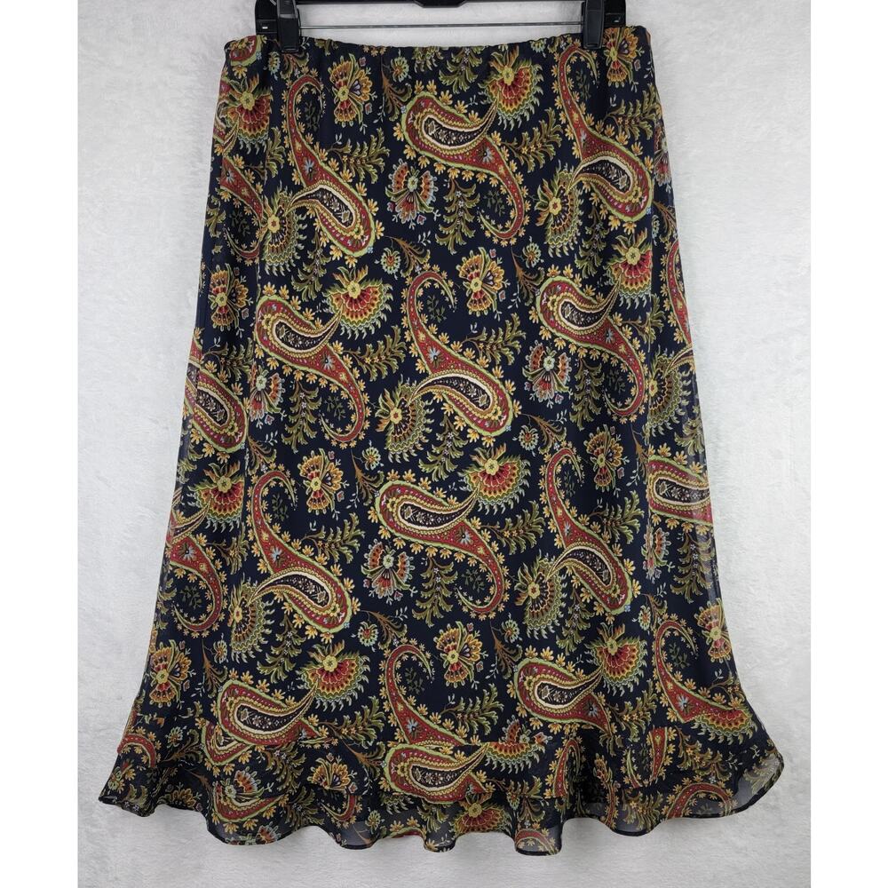 Bohemian Maxi Skirt Sz 18 Pullon Ruffle Line Navy Blue Colorful Paisley Career